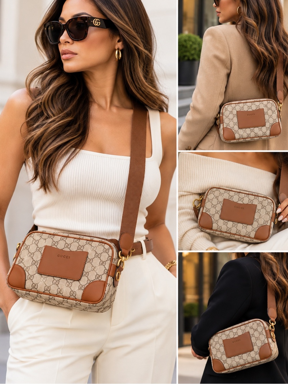 Gucci Brown & Beige GG Supreme Crossbody Camera Bag